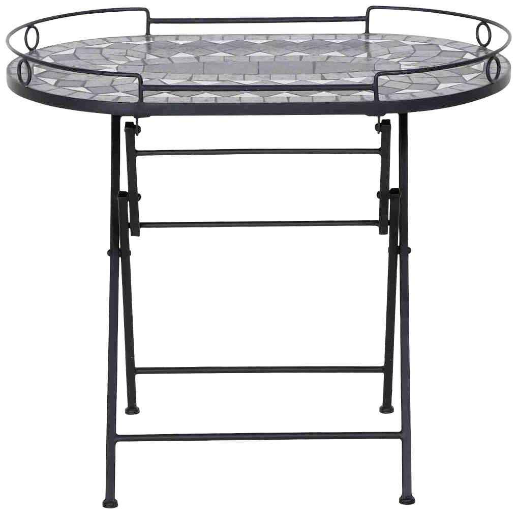Ein runder, schwarzer Metalltisch mit Mosaik-Tischplatte. Ausklappbare Beine für einfache Lagerung und Mobilität. Geeignet für draußen.