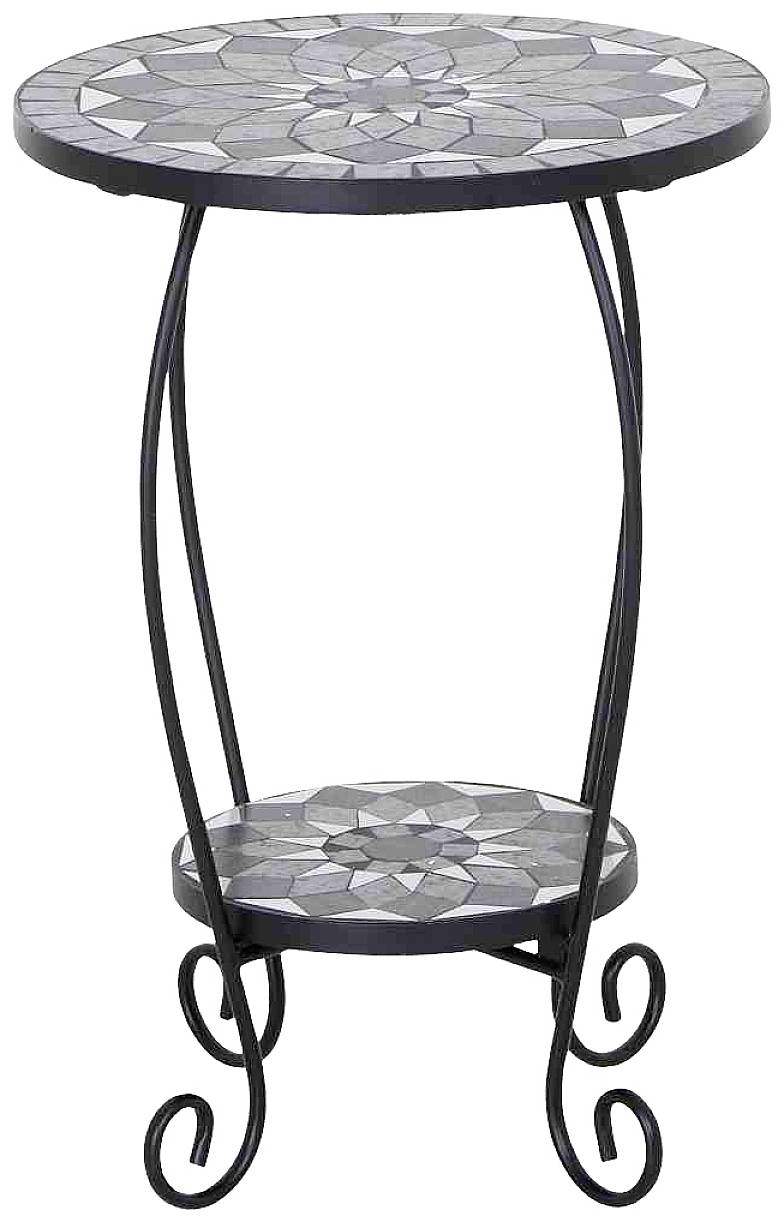 Runder Beistelltisch mit Mosaikoberfläche und geschwungenen Metallbeinen. Verfügt über eine Ablagefläche darunter, ebenfalls im Mosaikdesign.