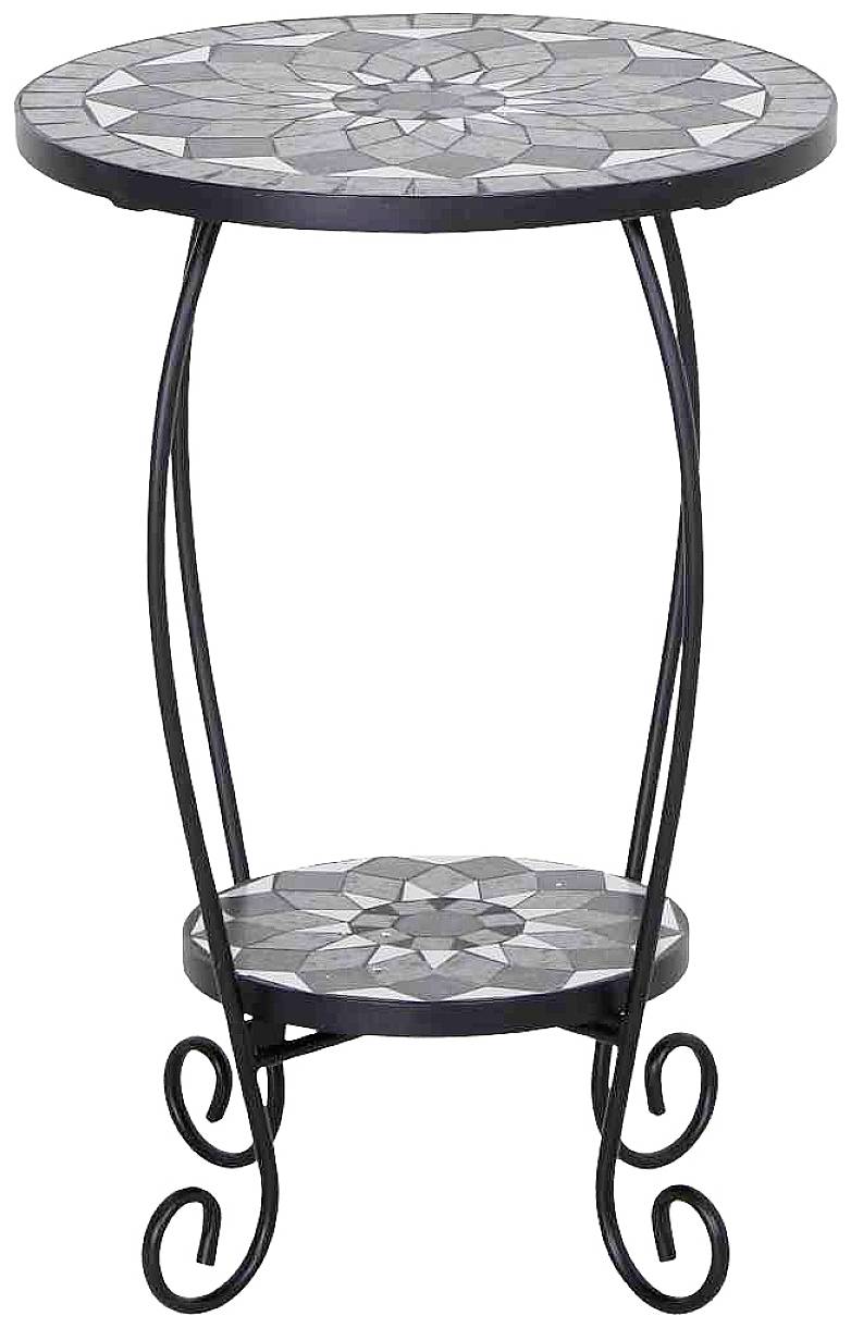 Runder Tisch mit Mosaikplatte auf einem filigranen Metallgestell. Zwei Ebenen bieten dekorativen Stauraum im Garten oder Wohnzimmer.