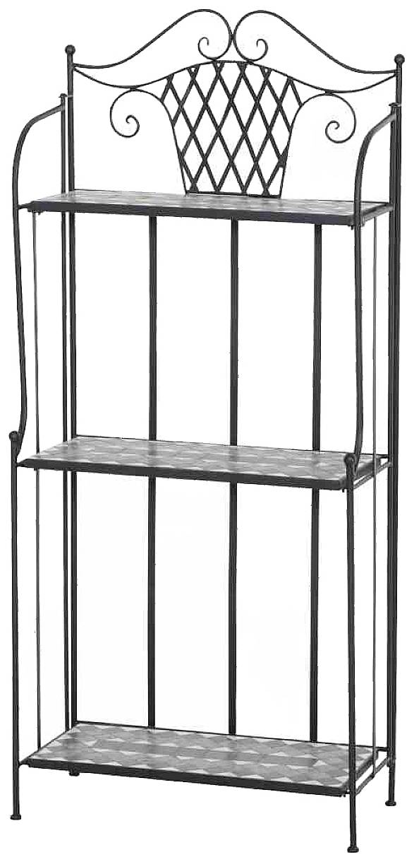 Metallregal mit drei offenen Regalböden und dekorativem Gittermuster im oberen Bereich, geeignet für Bücher oder Pflanzen.