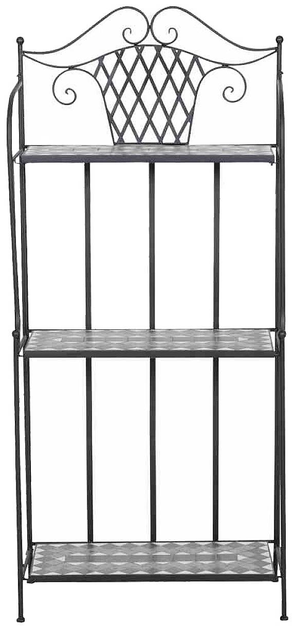 Ein schmales, hohes Metallregal mit drei Ablageflächen und dekorativen Gittern, geeignet zur Präsentation oder Aufbewahrung im Innen- und Außenbereich.