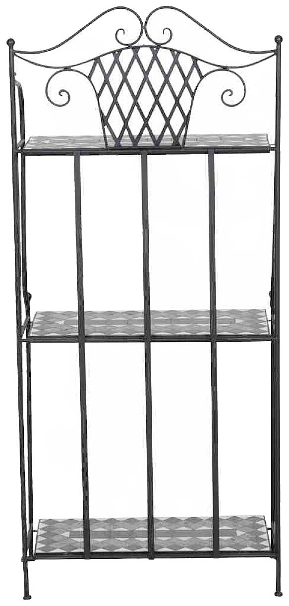 Ein metallernes, schwarzes, dreistöckiges Regal mit dekorativen Mustern an den Seiten und oben, geeignet für Wohnzimmer oder Garten.