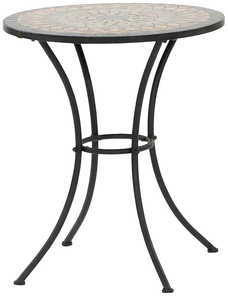 Ein runder Bistrotisch mit Mosaikplatte auf einem filigranen, schwarzen Metallgestell bestehend aus vier Beinen, die sich nach unten verjüngen.