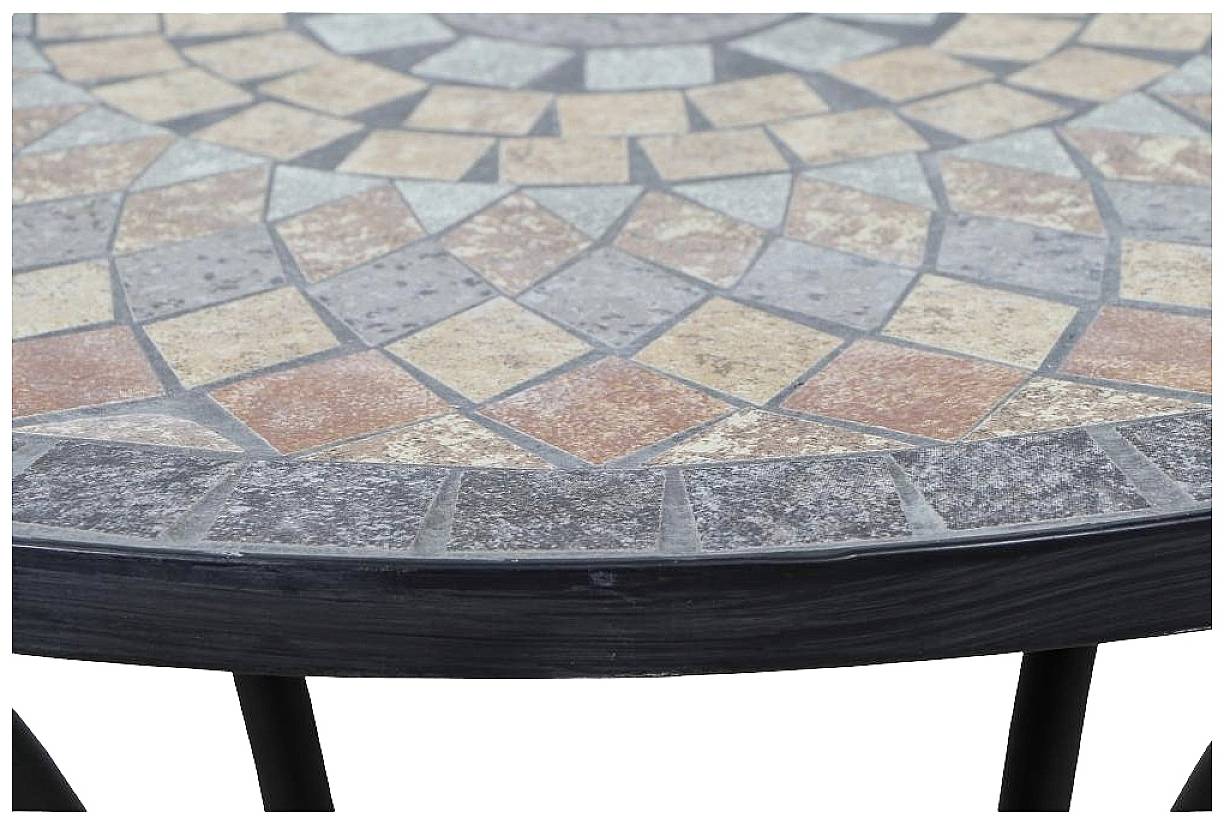 Mosaiktisch mit buntem, geometrischem Muster auf runder Tischplatte.