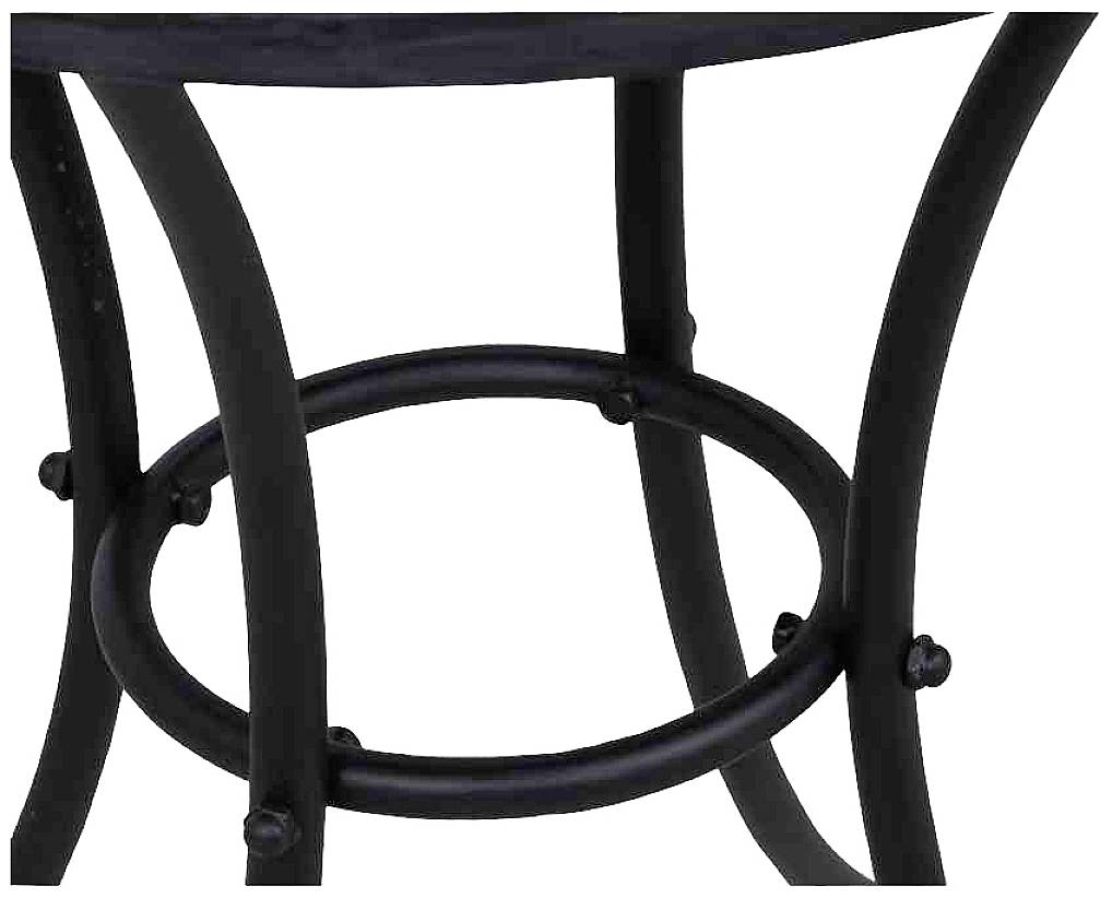 Schwarzer metallischer Tischfuß mit gebogenen Beinen und zentralem Ring, elegante und robuste Konstruktion.