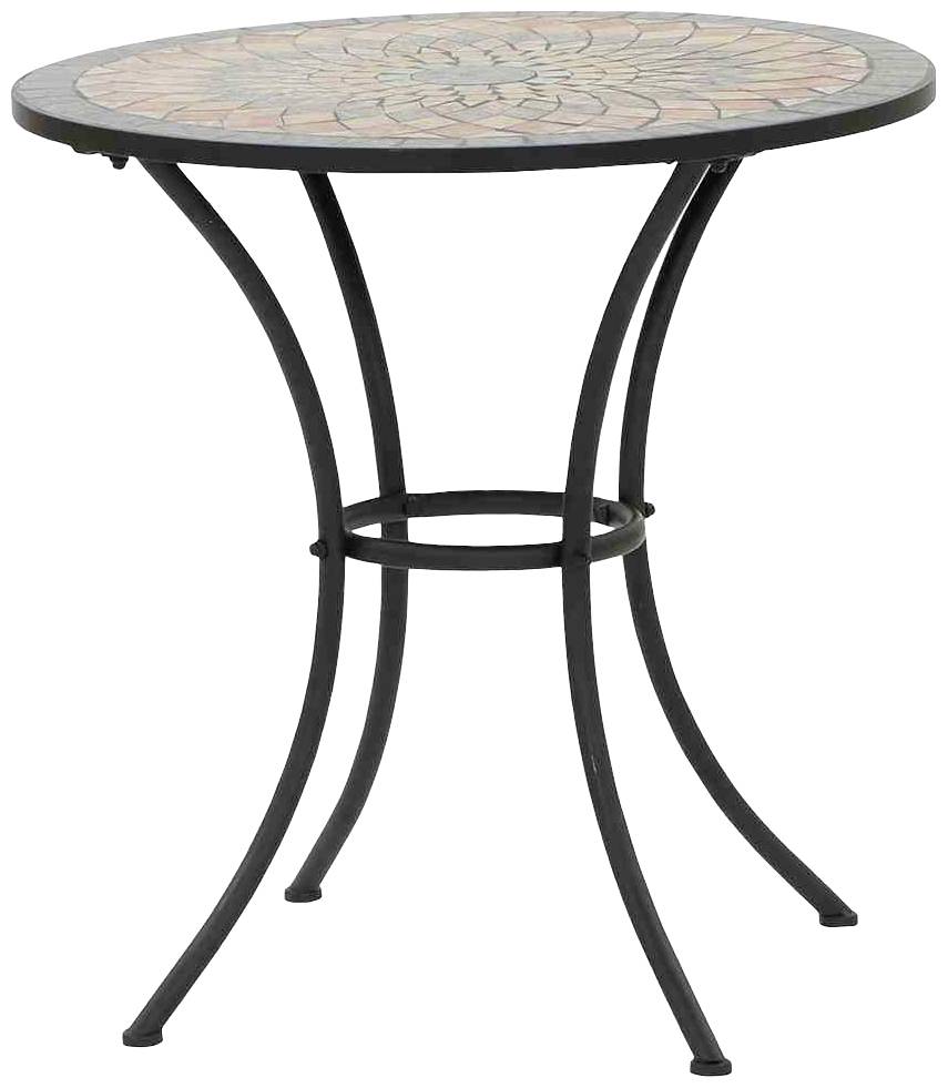 Runder Bistrotisch mit einem Mosaikmuster auf der Tischplatte und geschwungenen Metallbeinen. Geeignet für den Innen- oder Außenbereich.