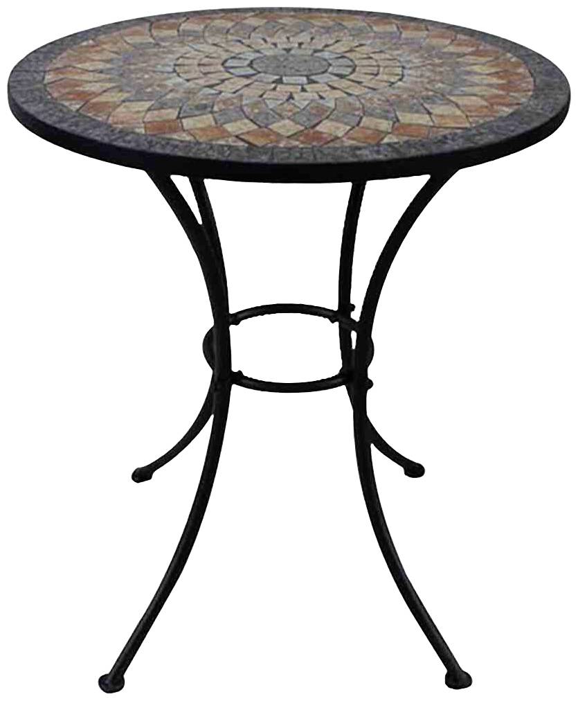 Runder Tisch mit Mosaikplatte in Braun- und Grautönen, filigranes schwarzes Metallgestell. Orientiert sich an einem mediterranen Design.