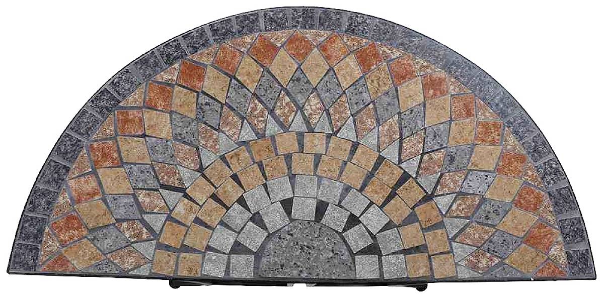 Halbrundes Mosaikdesign aus bunten, quadratischen Fliesen in verschiedenen Rot- und Grautönen. Kunstwerk aus geometrischen Mustern.