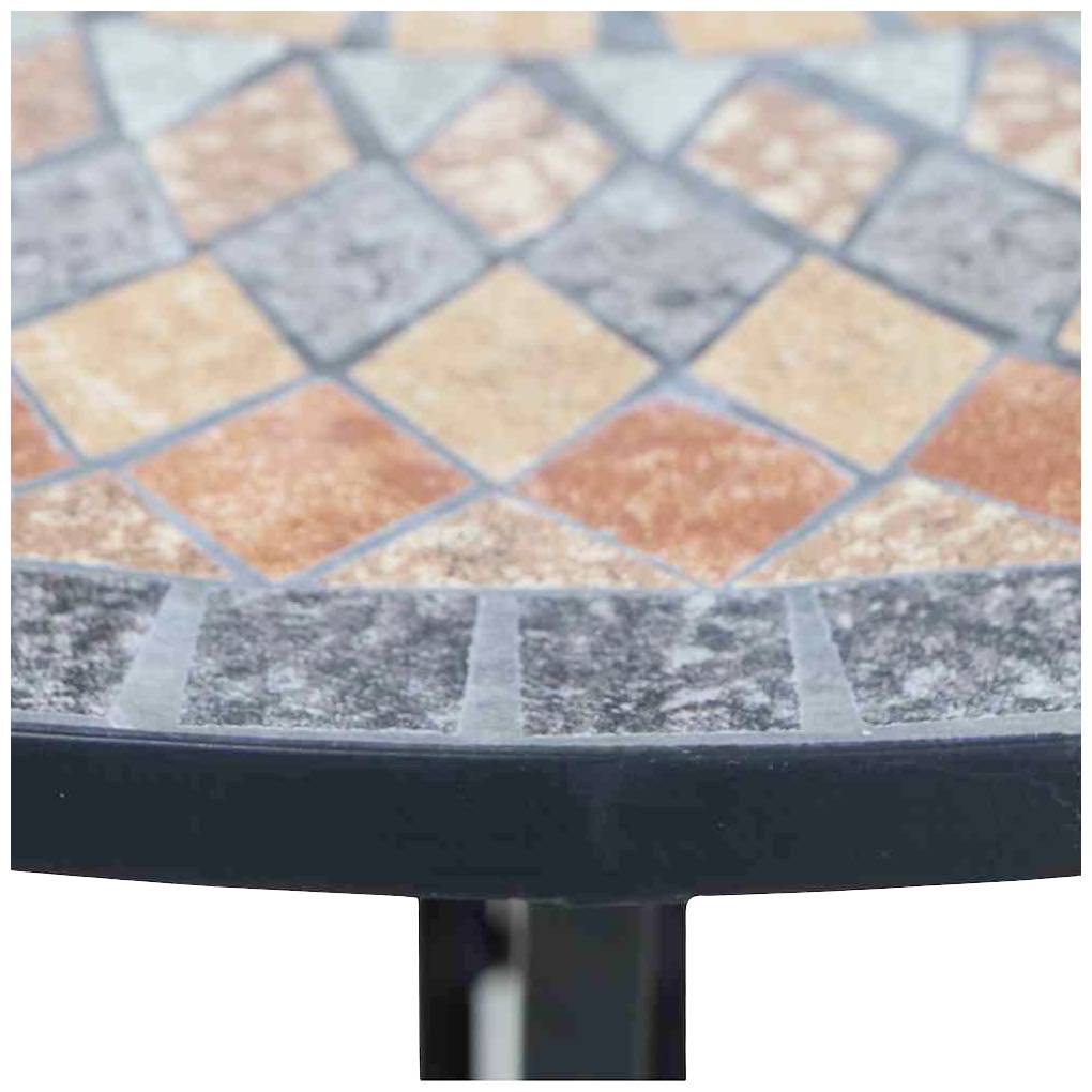 Runder Tisch mit Mosaikfliesen in erdigen Tönen; geometrisches Muster aus rautenförmigen Fliesen; dekoratives Design.