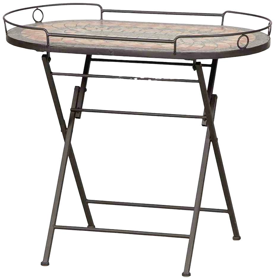 Runder, zusammenklappbarer Tisch mit Mosaikmuster auf der Tischplatte und Metallrahmen. Ideal für den Außenbereich oder Balkon.