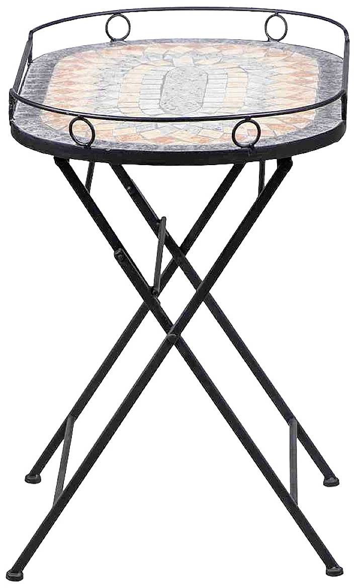 Ein Tisch mit Mosaik-Oberfläche und schwarzem Metallgestell. Geeignet für Dekoration oder als Beistelltisch im Innen- oder Außenbereich.