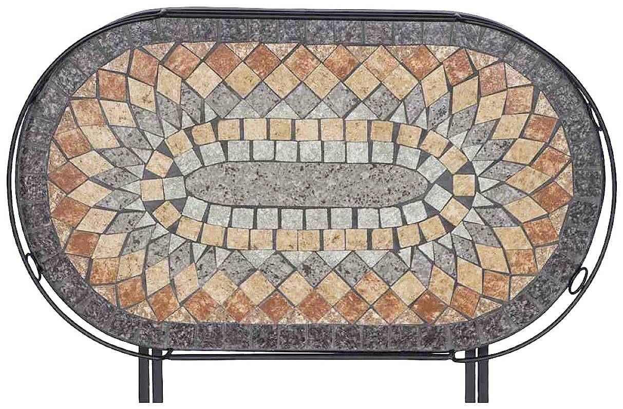 Ovale Tischplatte mit Mosaikdesign aus bunten Fliesen in Rottönen, Grün und Grau. Elegantes geometrisches Muster.