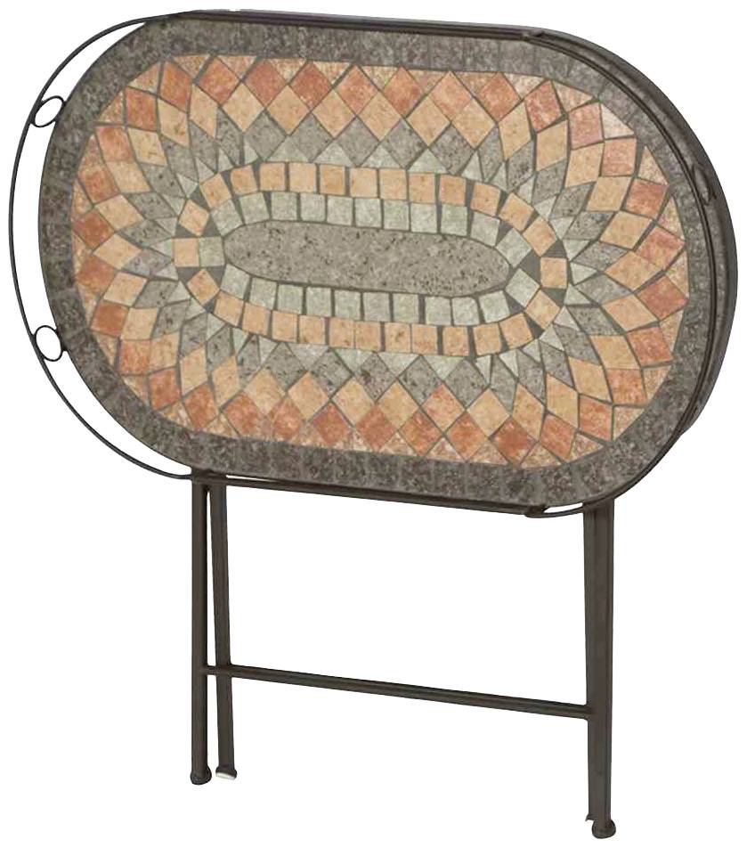 Ein kunstvoll gestalteter Klapptisch mit einem Mosaik-Muster aus orange, grauen und beigen Fliesen, das von einem Metallrahmen gehalten wird.