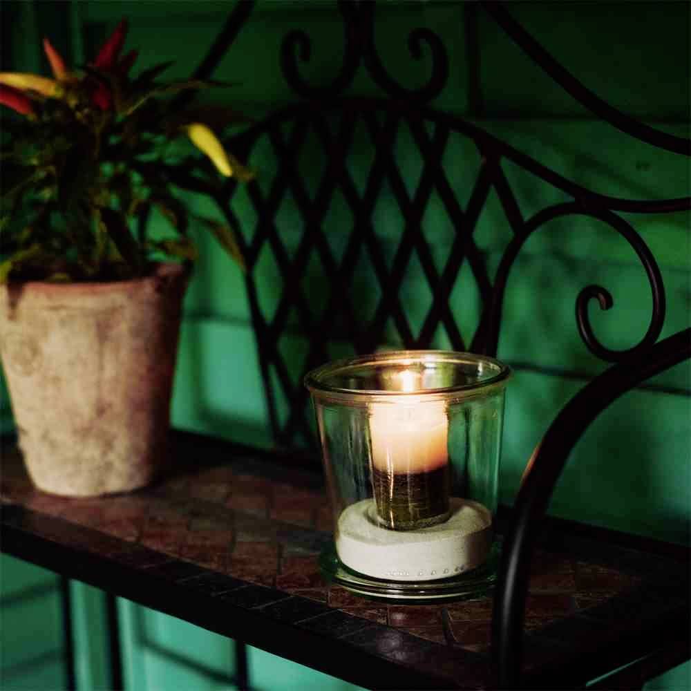 Ein brennendes Teelicht in einem Glasbehälter steht auf einem Tisch neben einer Topfpflanze mit bunten Chilischoten vor einer grünen Wand.