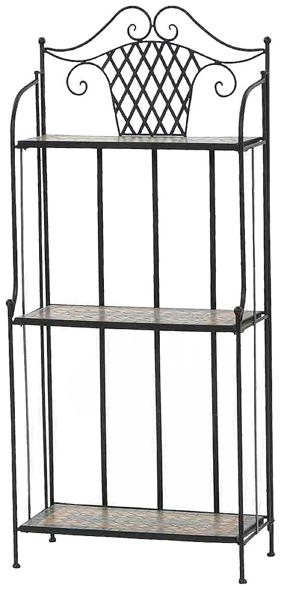 Ein schmales Regal aus Metall mit dekorativen Elementen und drei Regalböden. Ideal zur Präsentation von Pflanzen oder Dekor.