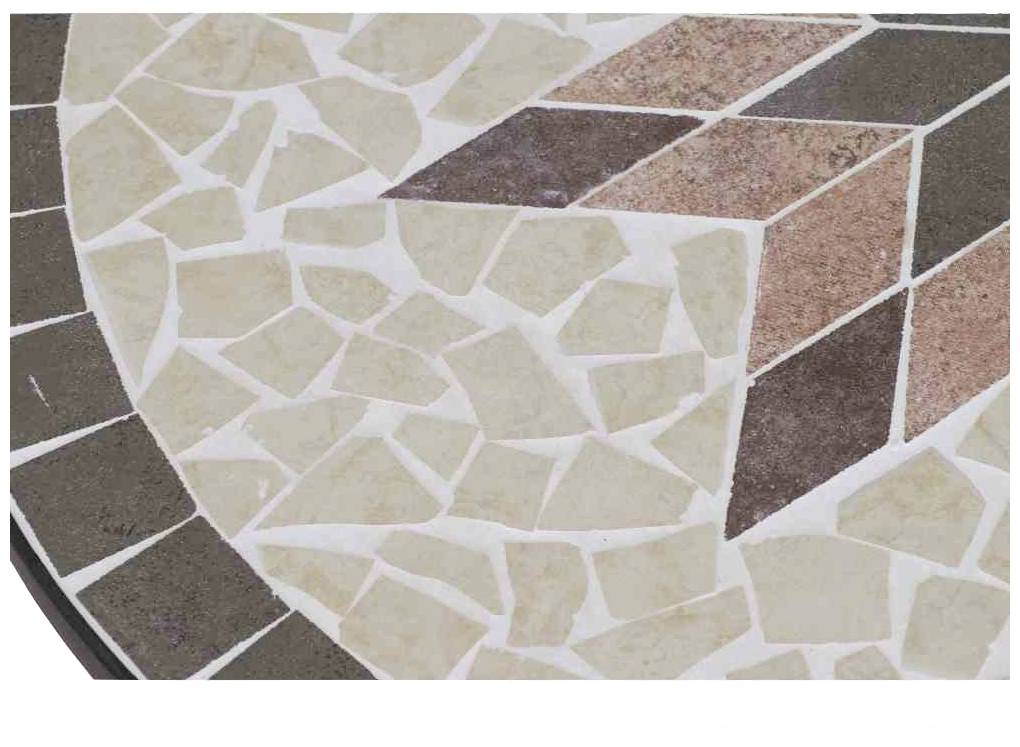 Mosaik in Braun- und Beigetönen, das geometrische Muster mit Zickzackformen auf einem kreisförmigen Abschnitt darstellt.