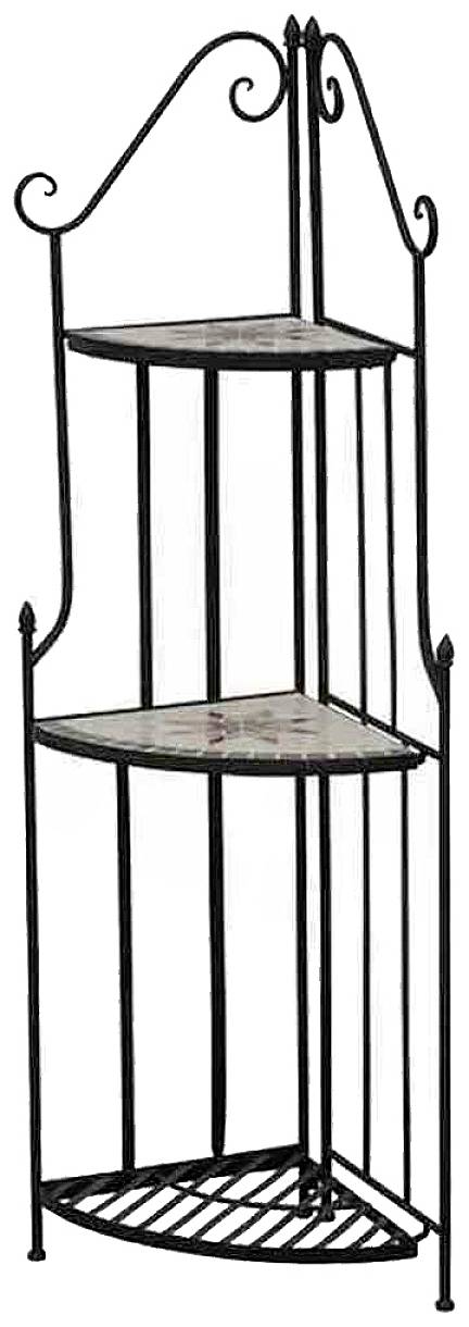 Dreistufiges, schwarzes Eckregal mit Metallrahmen und geschwungenen Verzierungen, geeignet für dekorative Lagerung in Ecken.