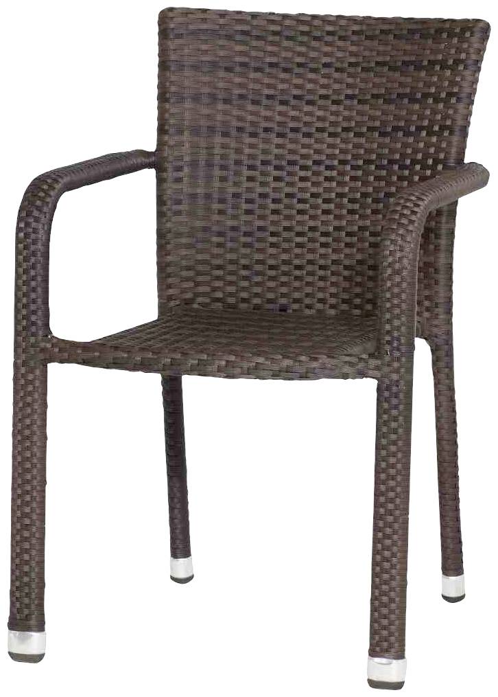 Ein brauner Gartenstuhl aus geflochtenem Material mit Armlehnen und silbernen Füßen. Geeignet für den Außenbereich.
