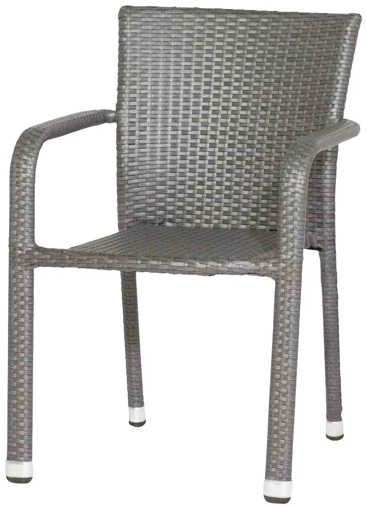 Ein brauner Gartenstuhl aus geflochtenem Material mit Armlehnen, geeignet für den Außenbereich.