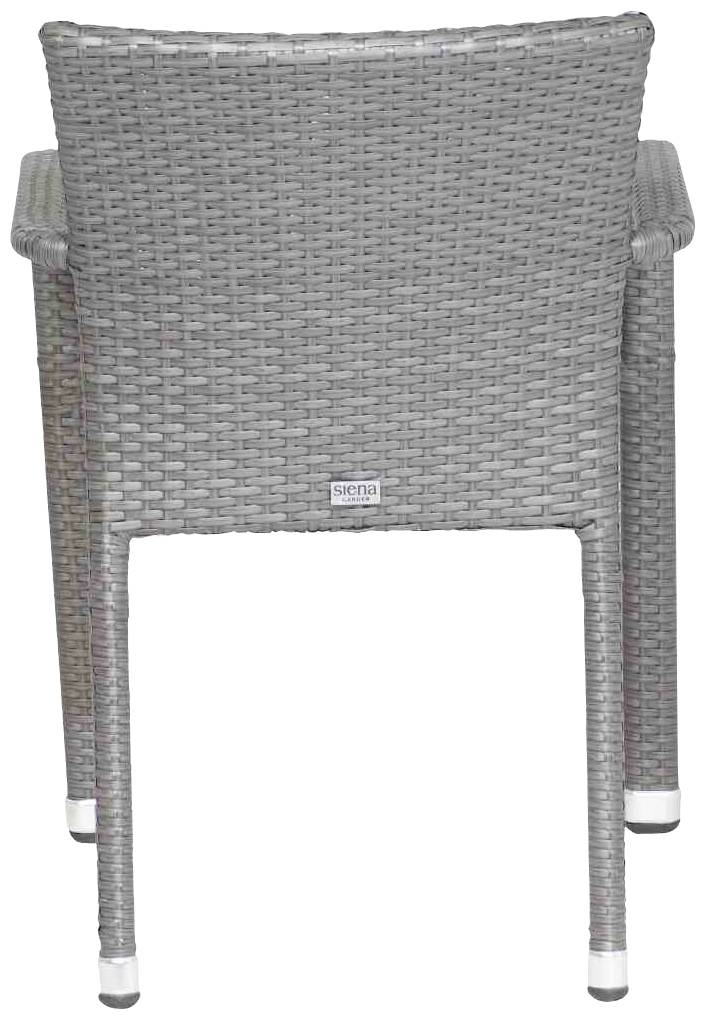 Ein grauer Bistrostuhl aus Kunststoffgeflecht mit Armlehnen, von hinten abgebildet.