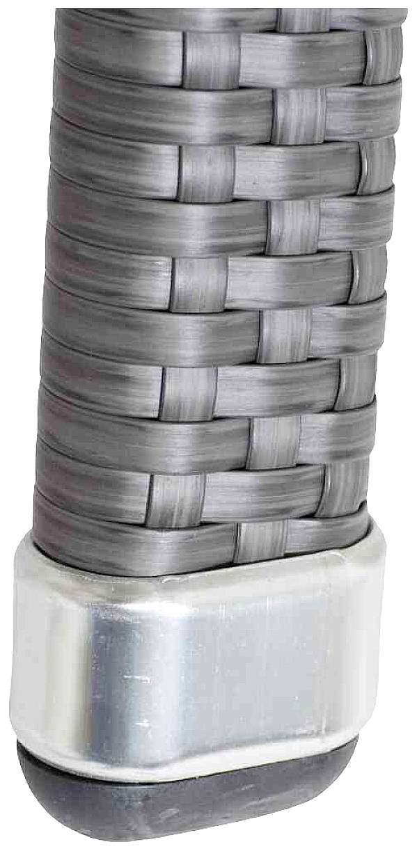 Geflochtenes, graues Kabel mit metallenem Ende, das als Schutzummantelung dient.