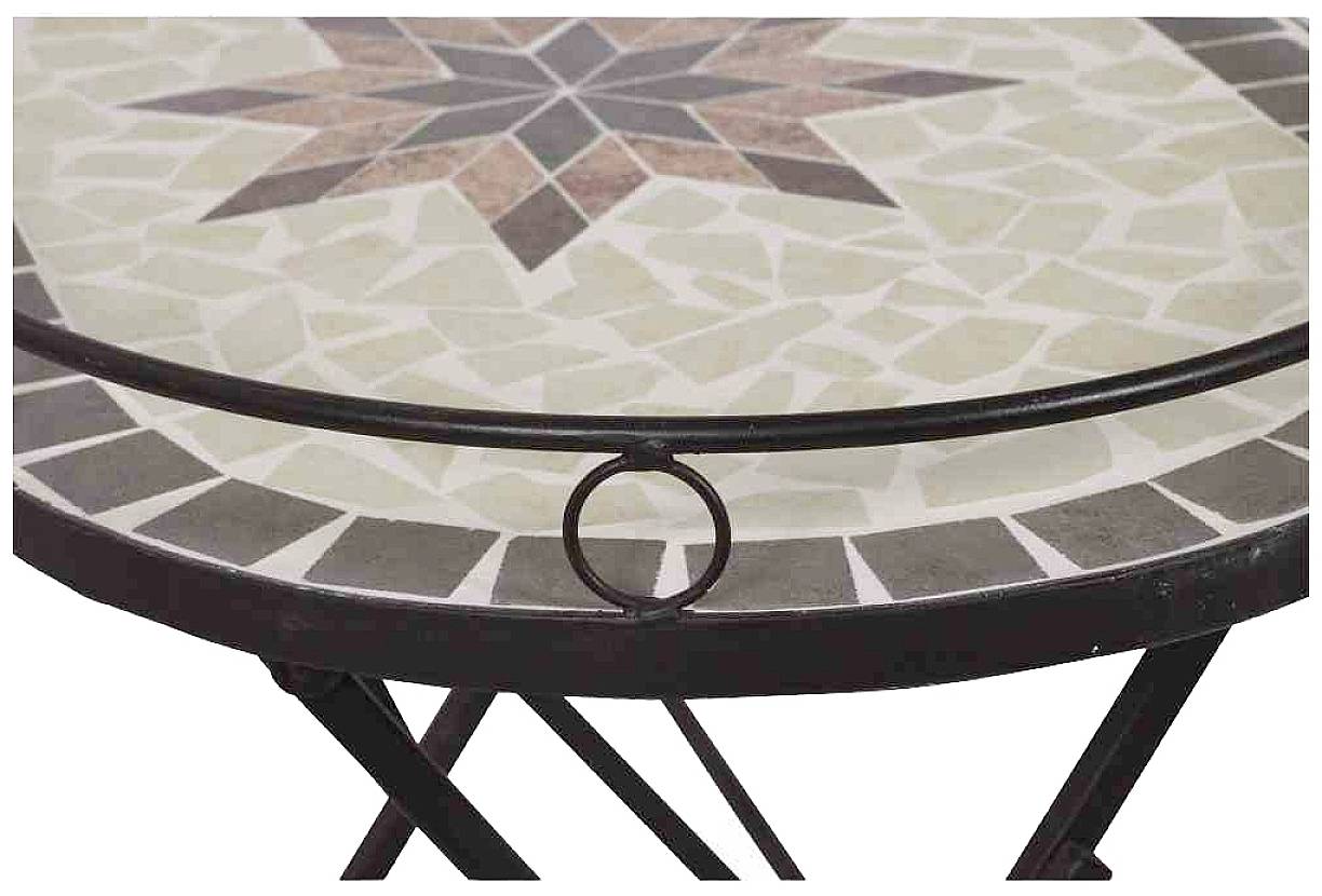 Runder Tisch mit Mosaik-Design in der Mitte und Metallrahmen. Verfügt über eine sternförmige Musterung aus verschiedenfarbigen Steinen.