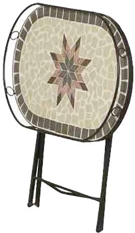 Ein runder Beistelltisch mit Mosaikmuster und sternförmigem Design, das aus braunen und beigen Kacheln besteht, auf schwarzen Metallbeinen.