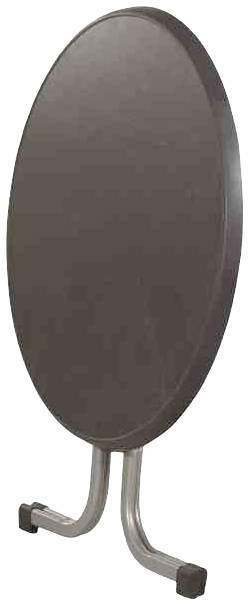 Ein ovaler, dunkelgrauer Tischplattenwagen mit zwei Metallbeinen zur Lagerung und Transport von Tischplatten.