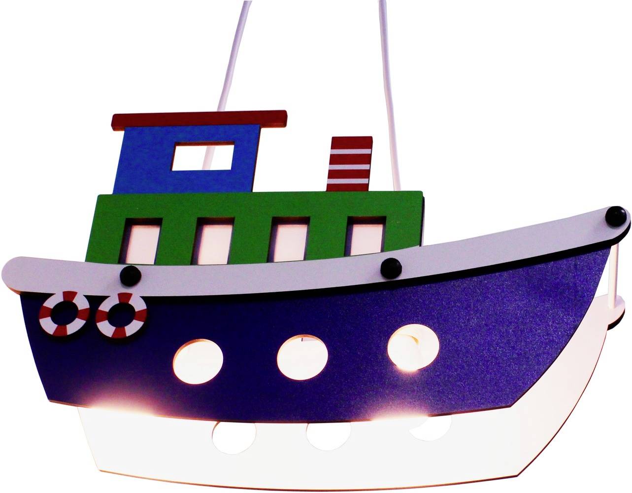 Dekorative Deckenlampe in Form eines bunten Schiffs mit Bullaugen und Rettungsringen, erzeugt sanftes Licht für Kinderzimmer.