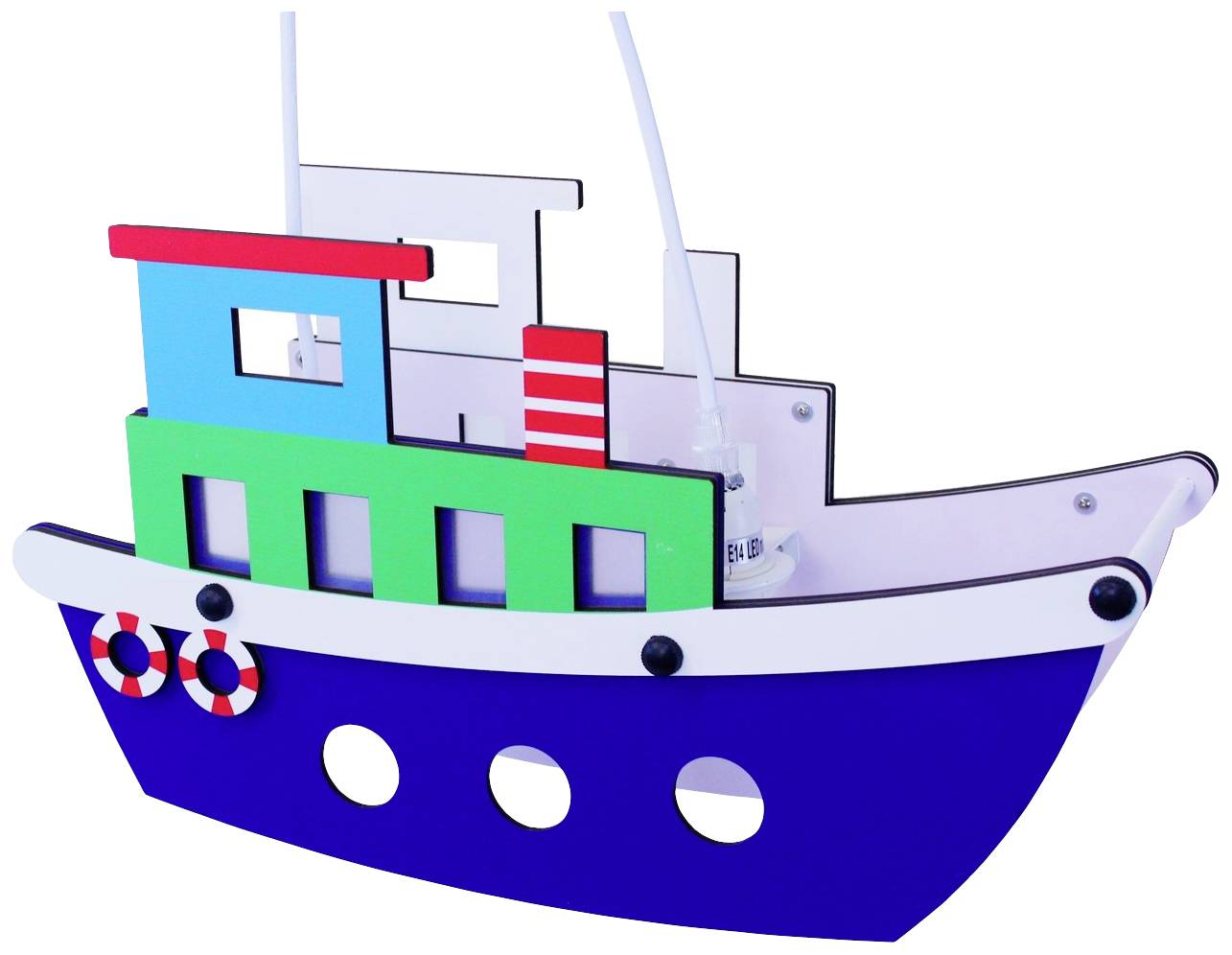 Bunte Holzlampe in Form eines Schiffes mit blauer Unterseite und farbenfrohen Details, ideal für Kinderzimmerdekoration.