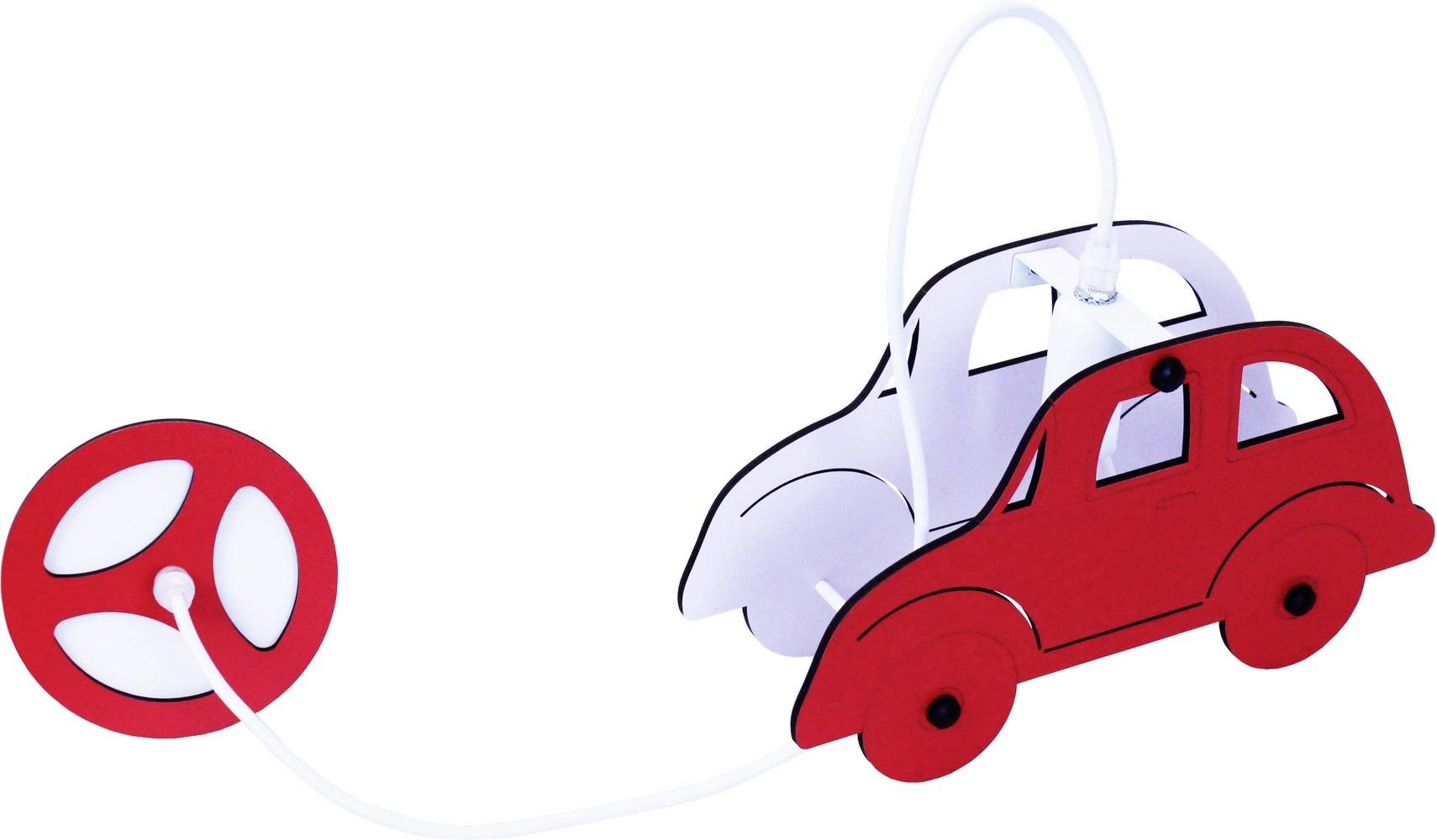Ein rotes Spielzeugauto mit einem weißen Kabel und einem roten Rad am Ende. Das Design ist einfach und stilisiert.