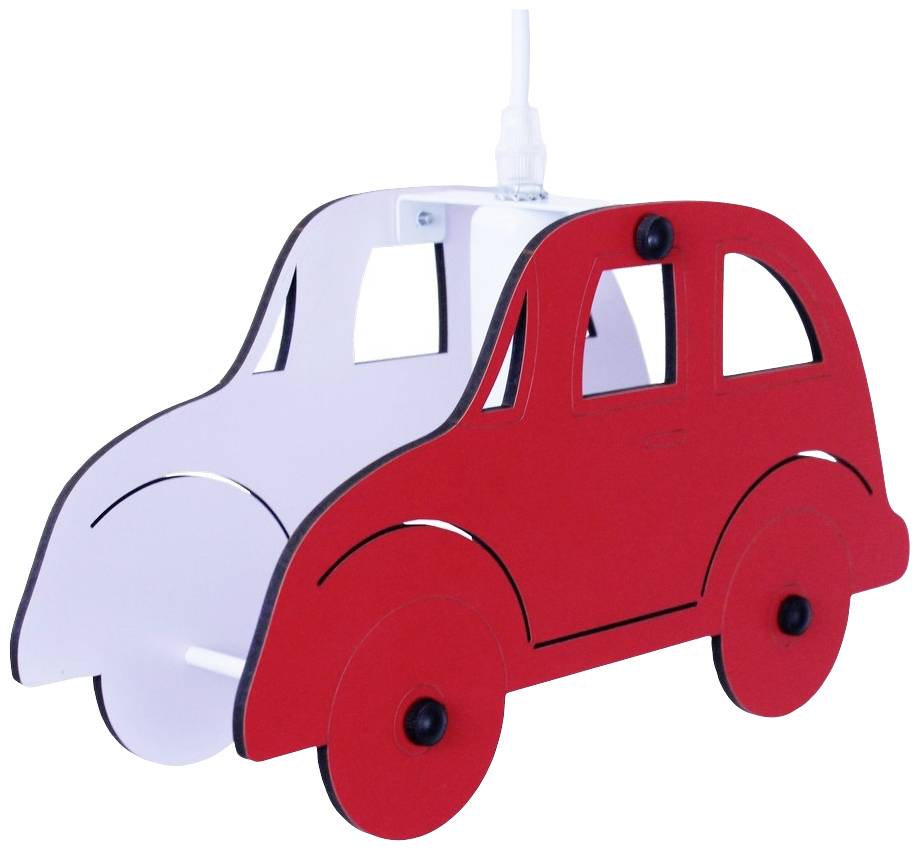 Rote und weiße Hängelampe in Form eines Autos, aus Holz gefertigt. Ideal als Kinderzimmerbeleuchtung, mit verspieltem Design.