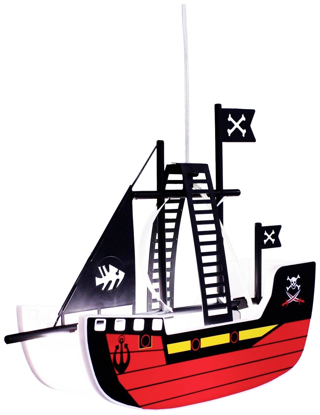 Dekorative Lampe in Form eines Piratenschiffs mit schwarzen Segeln und einem Totenkopf auf der Flagge.