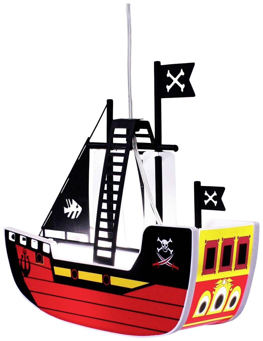 Piratenschiff-Lampe für Kinderzimmer, in Rot, Schwarz und Gelb, mit Totenkopf-Flaggen und mehreren Fenstern.