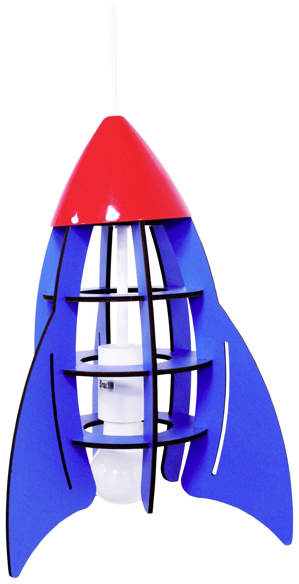 Ein rotes und blaues Deckenlicht in Form einer Rakete, geeignet für Kinderzimmer.
