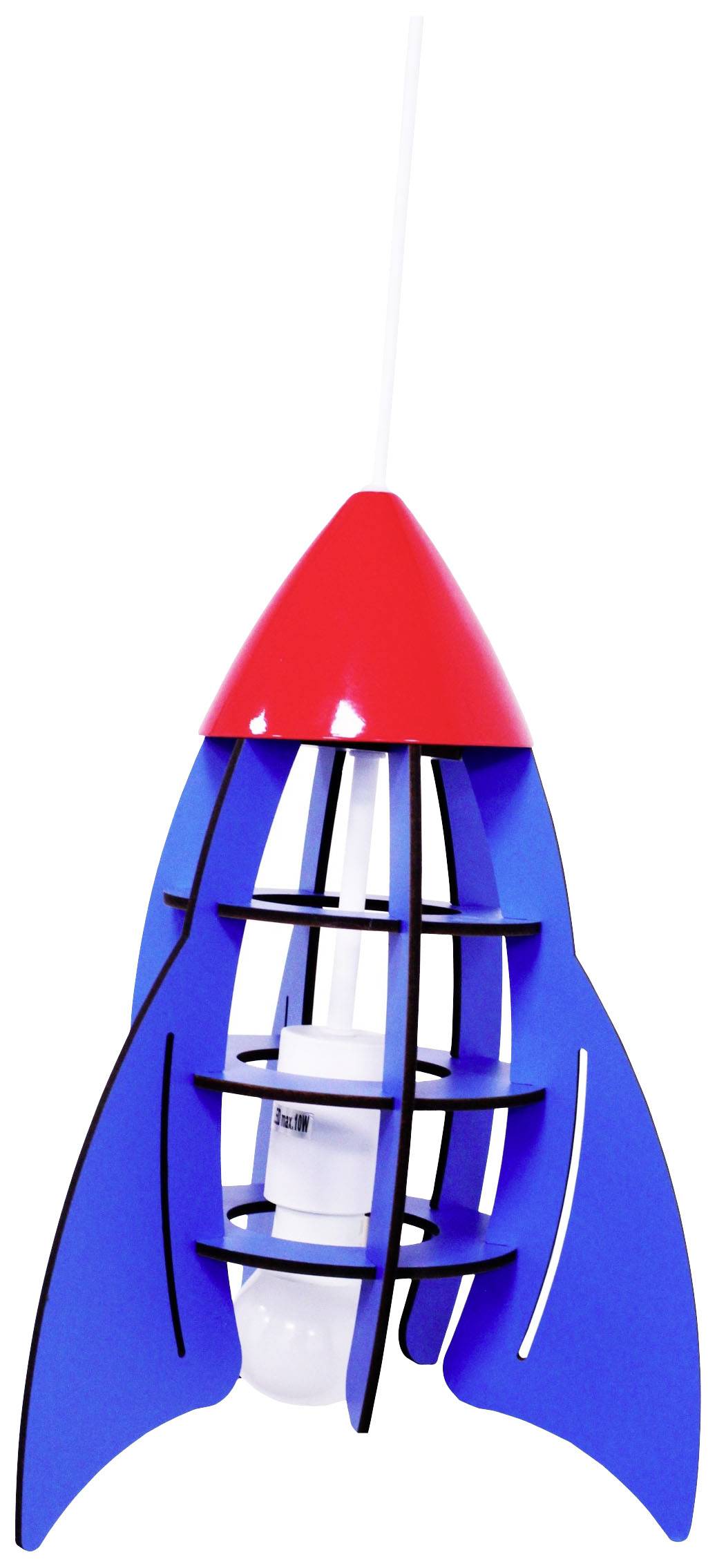 Eine kindgerechte Deckenleuchte in Form einer Rakete mit roten und blauen Elementen und einer Glühbirne im Inneren.