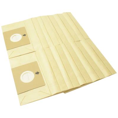 Staubsaugerbeutel aus Papier, in zwei Reihen angeordnet, mit runden Öffnungen und Pfeilen, die die Richtung des Einbaus zeigen.