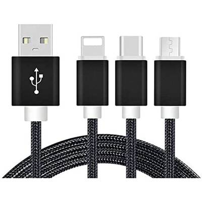 Vier Ladekabelstecker: USB, Lightning, USB-C und Micro-USB, an einem geflochtenen Kabel. Ideal für verschiedene Geräteanschlüsse.