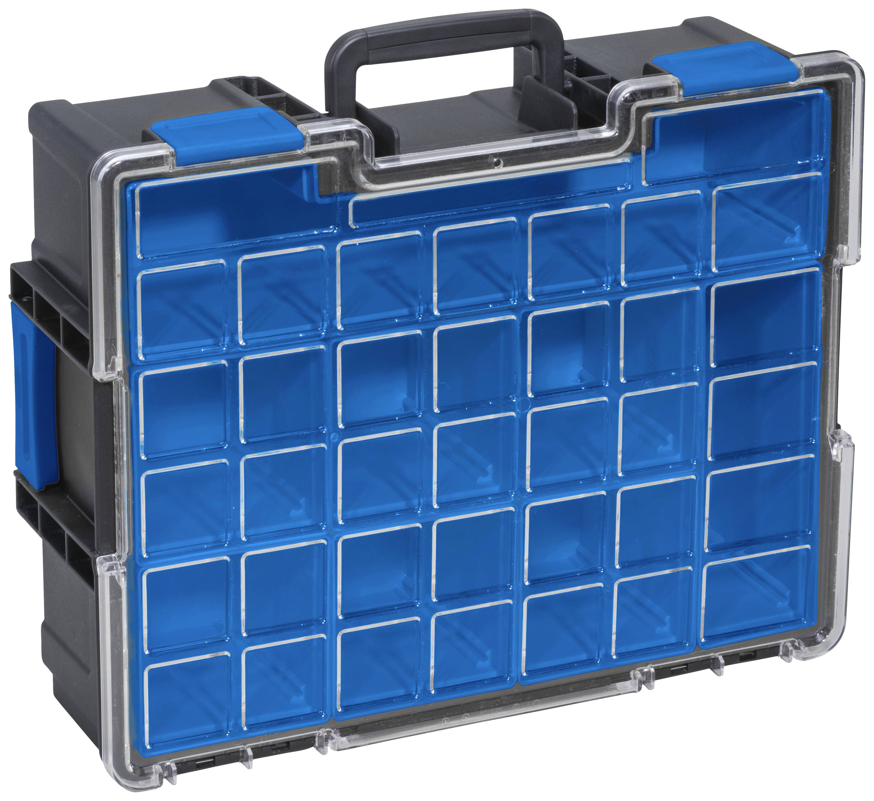 Schwarzer und blauer Organizer-Koffer mit transparentem Deckel und Griff, enthält mehrere Fächer zur Aufbewahrung von Kleinteilen.
