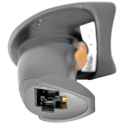Grau-schwarzer Barcode-Scanner mit ergonomischem Griff, sichtbarem Scanfenster und strukturiertem Auslöser oben.