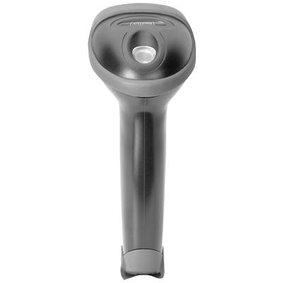 Schwarz-grauer Handscanner, frontal fotografiert. Geeignet für Barcode-Lesen in Handel oder Lagerumgebung.