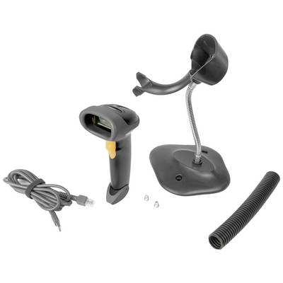 Kabelloser Barcode-Scanner mit Ständer, Schrauben, Kabel und Schutzrohr. Teile für Montage und Installation.