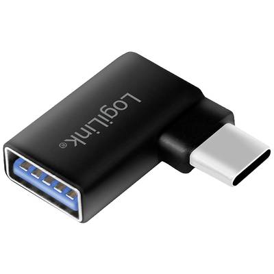 Schwarzer USB-C-zu-USB-A-Adapter mit blauer Innenverkleidung und Aufschrift 'LogiLink', zeigt die Konvertierung von Steckertypen.