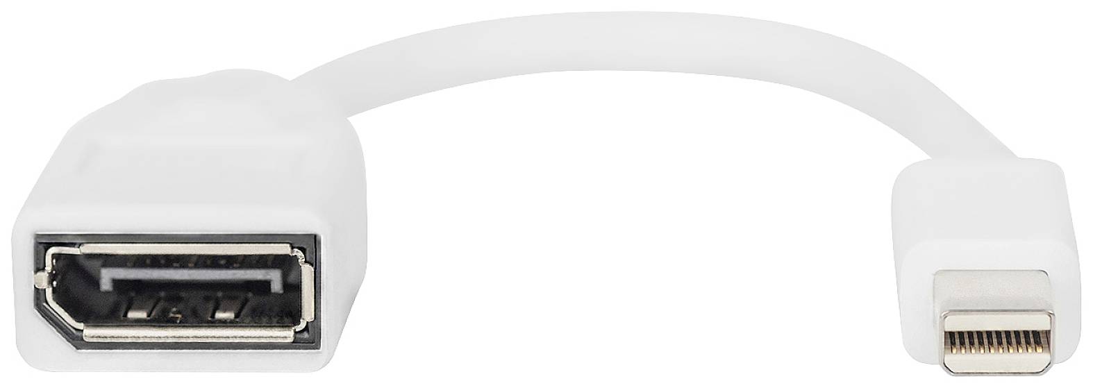 Ein weißes Adapterkabel mit einem Mini-DisplayPort-Anschluss auf der einen Seite und einem HDMI-Anschluss auf der anderen.