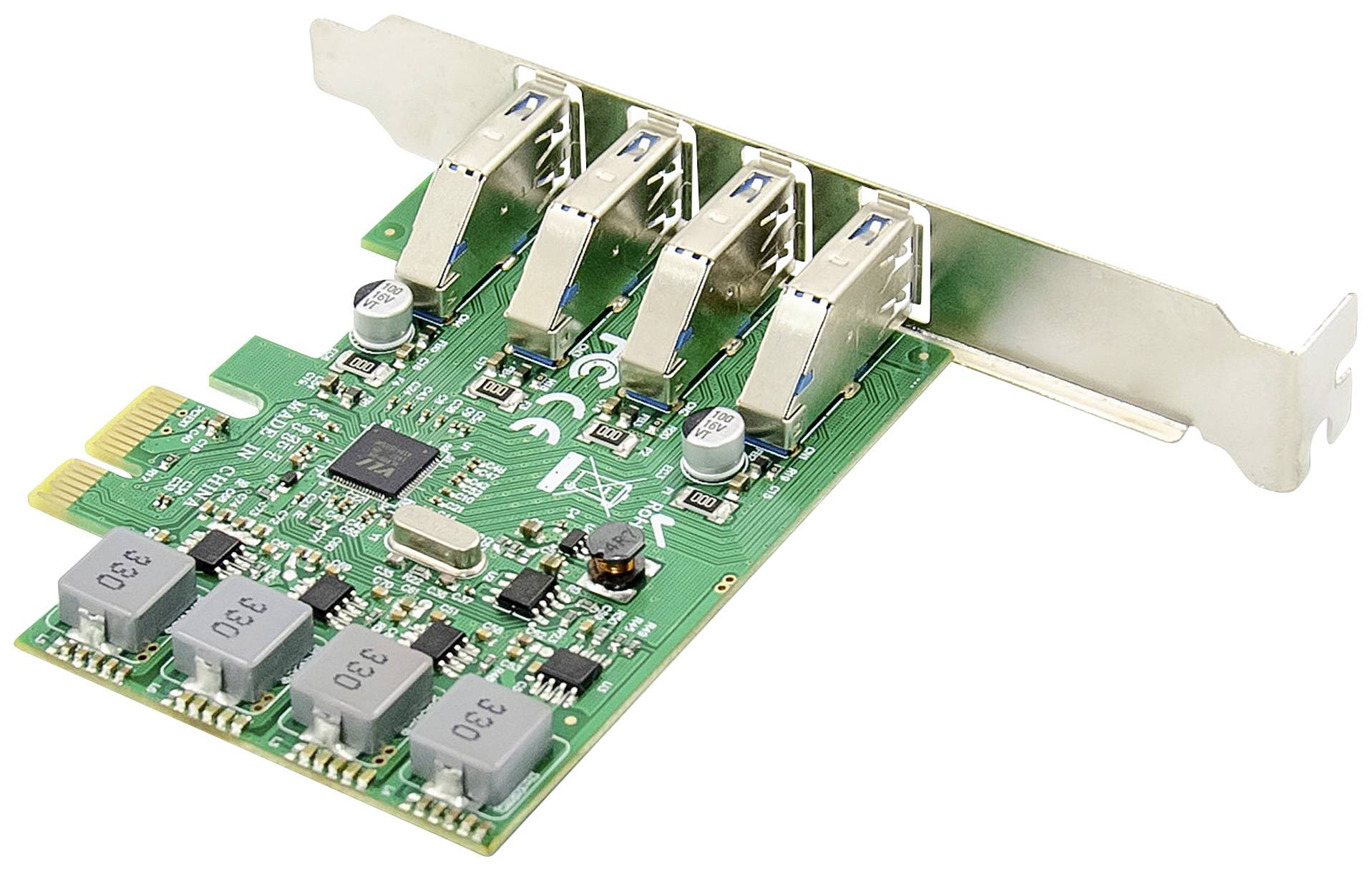 'Grüne PCI-Express-Karte mit vier USB-Anschlüssen. Elektronische Komponenten und Leiterbahnen sichtbar. Verwendet für PC-Erweiterung.'