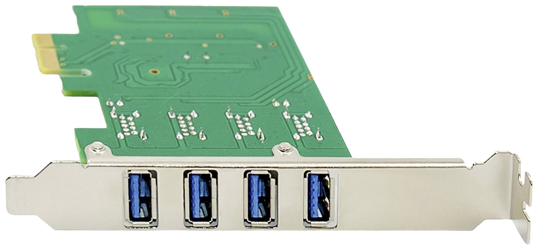 Vier USB-Anschlüsse auf einer grünen Computererweiterungskarte. Die Steckverbindungen sind blau hervorgehoben.