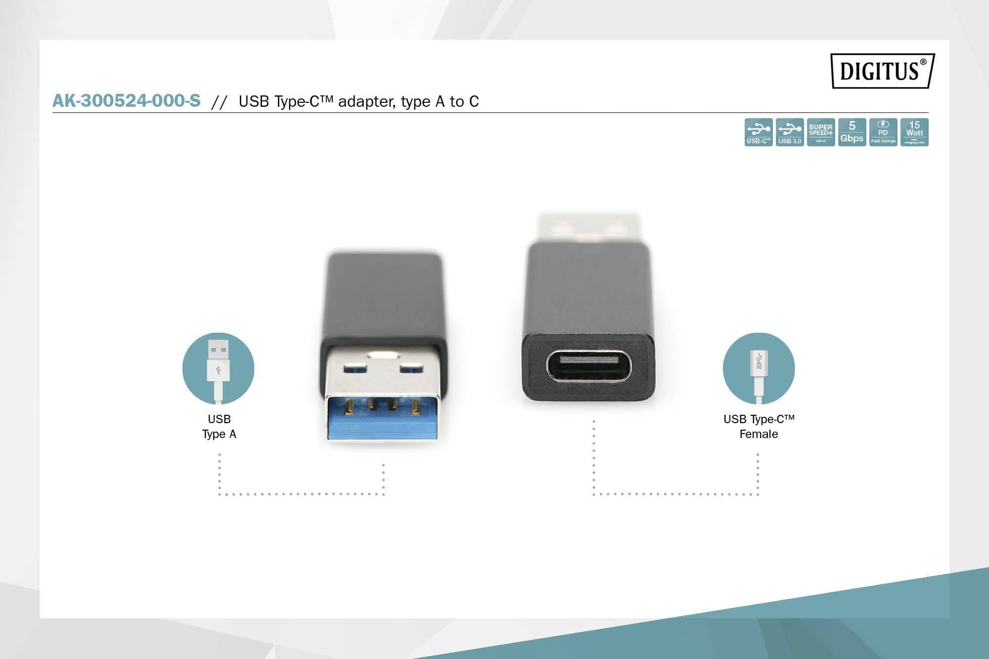 'Digitus AK-300524-000-S', ein USB Typ-A zu Typ-C Adapter. Detailansicht beider Steckerenden mit Bezeichnung.