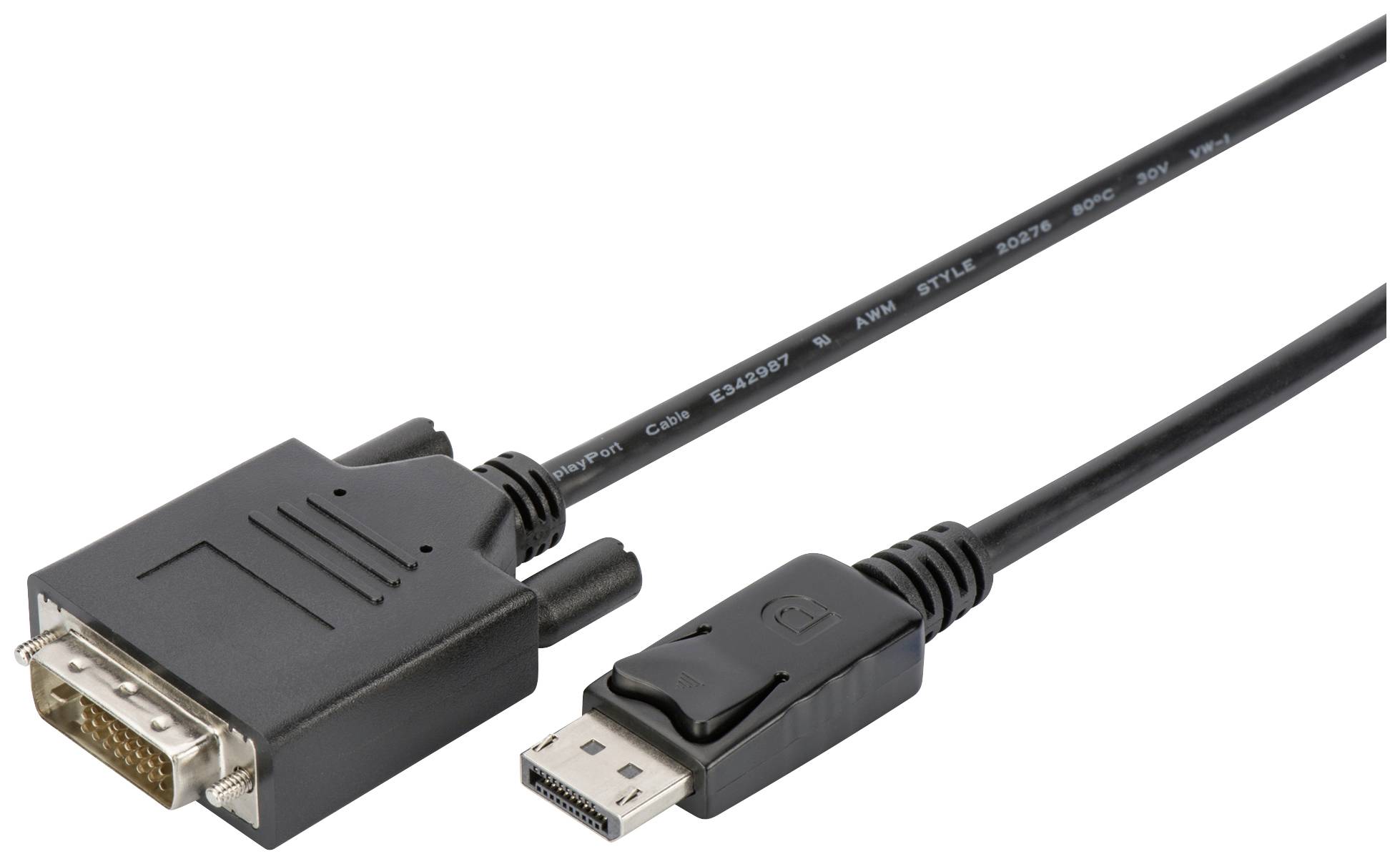 'DVI-zu-DisplayPort-Kabel: Schwarzes Kabel mit DVI-Stecker links und DisplayPort-Stecker rechts.'