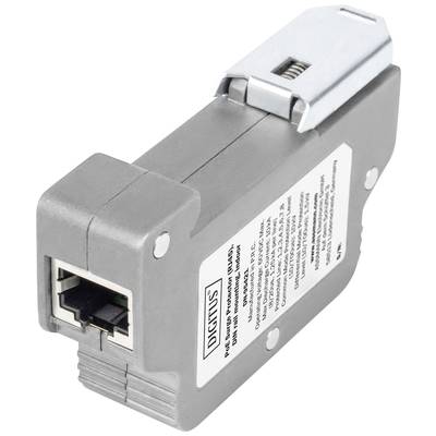 Ein RJ45-Durchgangsadapter in grauer Farbe mit einer silbernen Klammer oben und einem Etikett an der Seite.