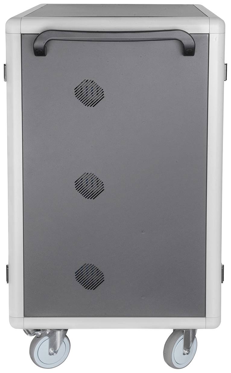 Grauer, mobiler Aufbewahrungswagen mit Rollen und einem Griff oben, geeignet für den Transport von Gegenständen.